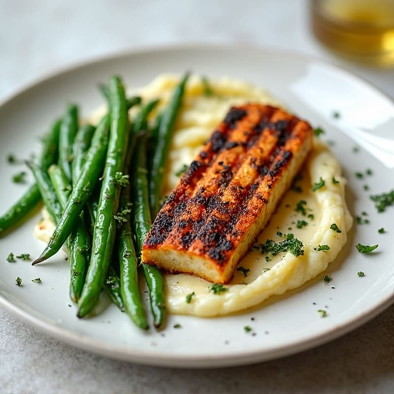 Herb-Grilled Tempeh with Steamed Green Beans and Cauliflower Mash
