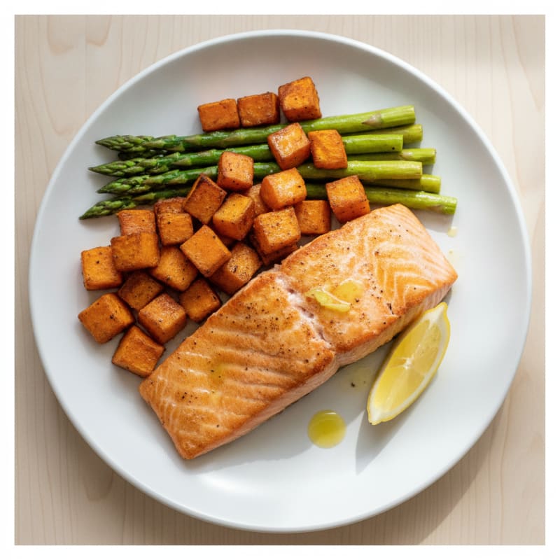Seared Salmon Fillet with Roasted Sweet Potatoes and Asparagus