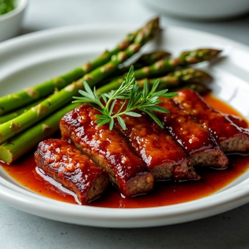 Tender Smoked Pork Ribs with Tangy BBQ Sauce and Roasted Asparagus