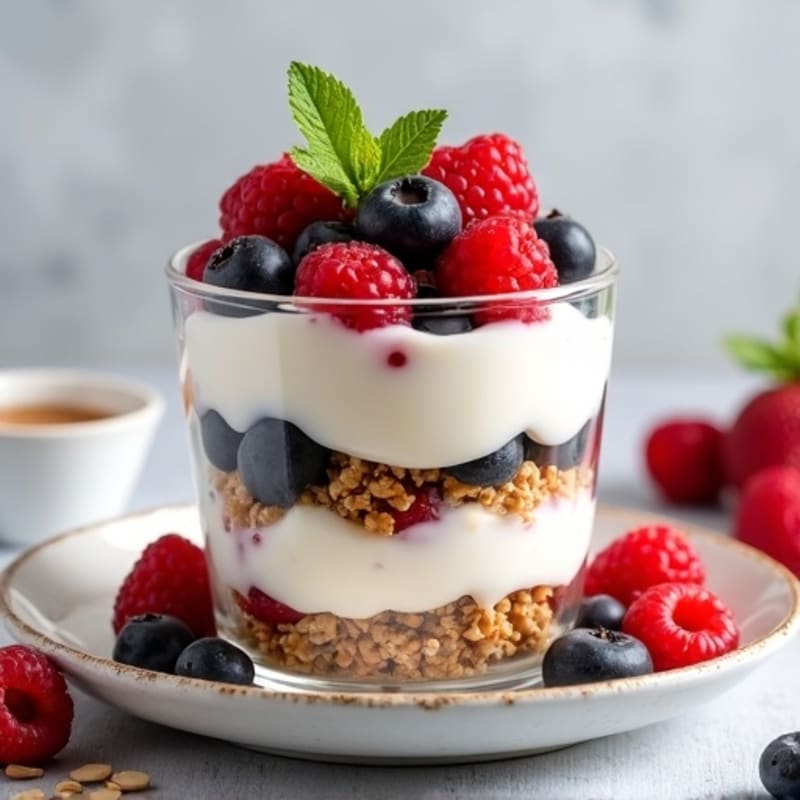 Greek Yogurt Parfait with Mixed Berries and Crunchy Almond Granola