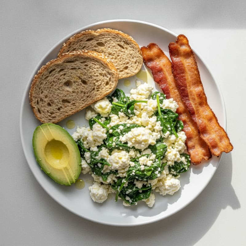 Cottage Cheese Egg White Scramble with Sautéed Spinach and Turkey Bacon