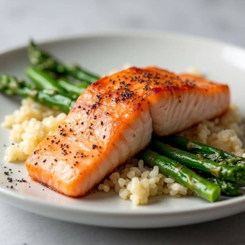Seared Salmon Fillet with Steamed Asparagus and Brown Rice
