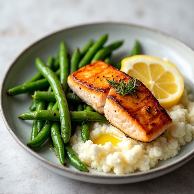 Seared Salmon with Garlic Green Beans and Cauliflower Mash