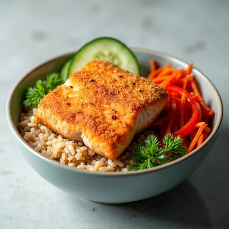 Crispy Salmon and Fresh Vegetable Rice Bowl