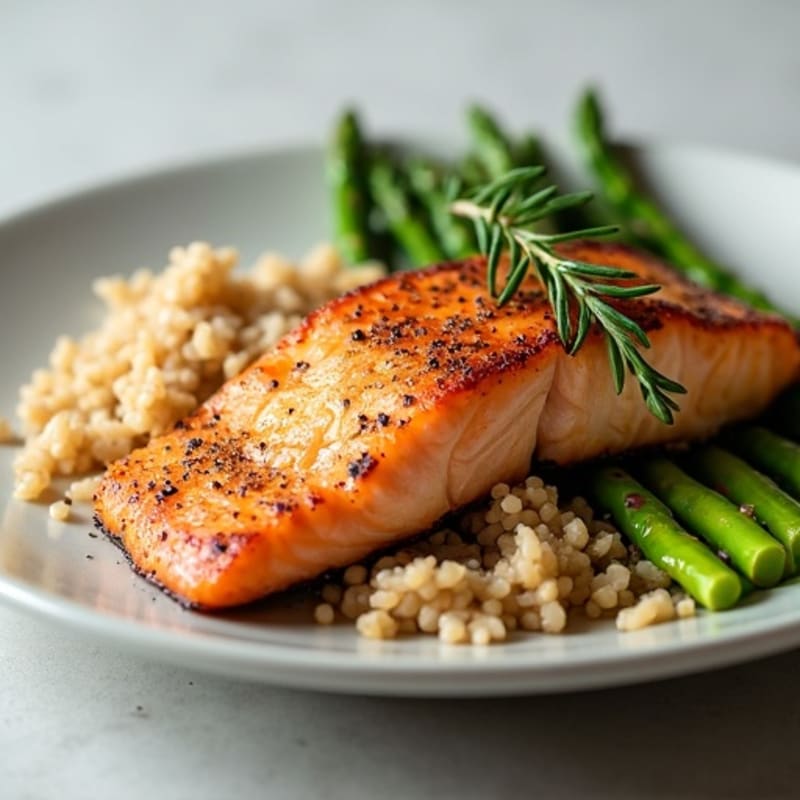 Seared Salmon Fillet with Steamed Asparagus and Brown Rice