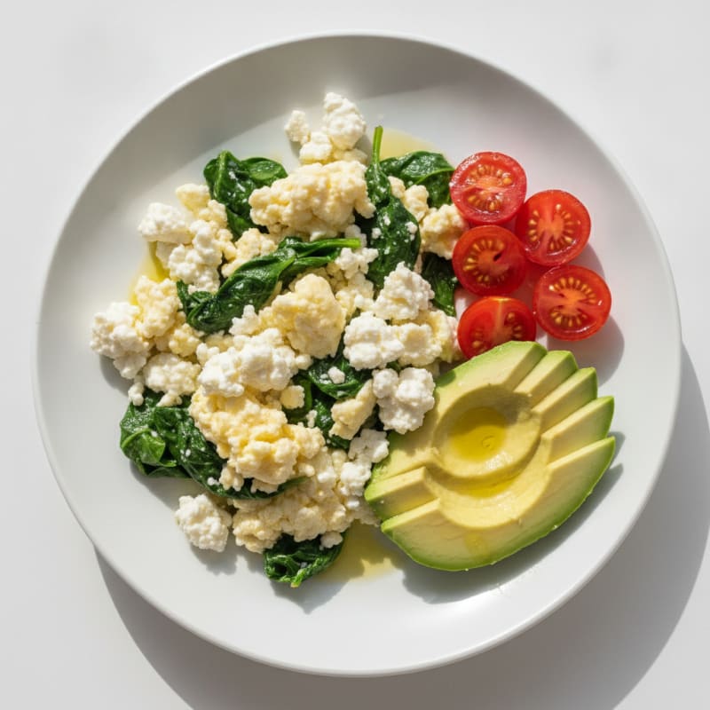 Egg White Spinach Scramble with Cottage Cheese and Cherry Tomatoes