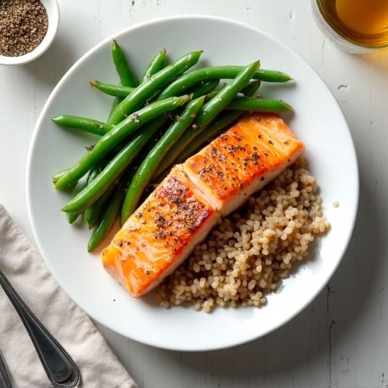 Seared Salmon with Garlic Green Beans and Brown Rice
