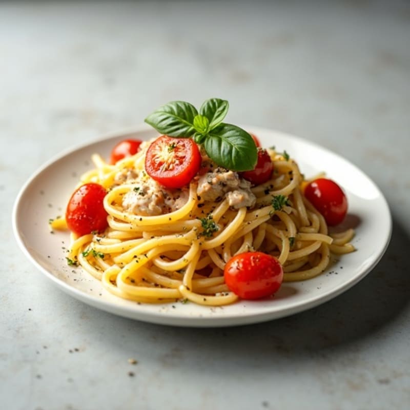 Protein Pasta with Shredded Chicken and Roasted Cherry Tomatoes