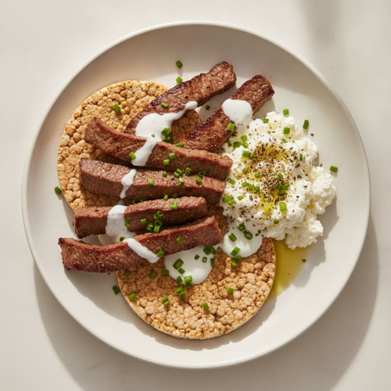 Seared Beef Strips with Creamy Cottage Cheese and Rice Cakes