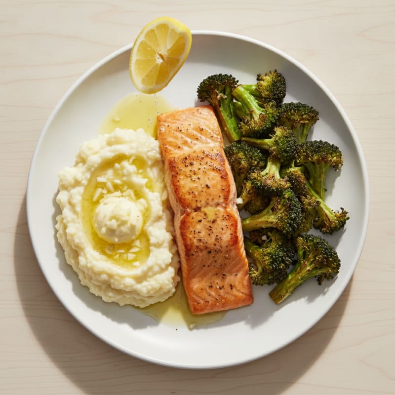 Seared Salmon with Roasted Broccoli and Garlic Mashed Cauliflower