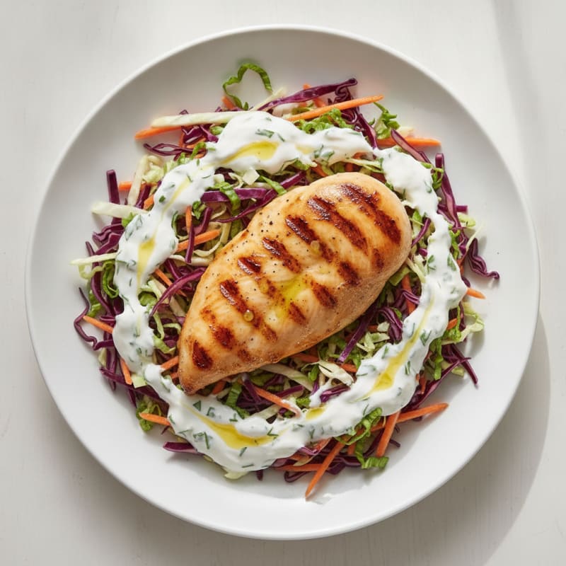 Grilled Chicken Breast over Crunchy Cabbage Slaw with Greek Yogurt Dressing