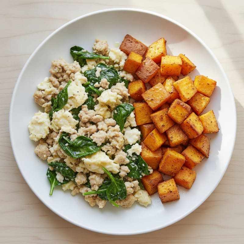 Egg White and Turkey Spinach Scramble with Roasted Sweet Potatoes