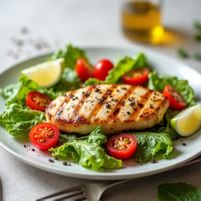 Grilled Chicken Breast with Crisp Romaine and Cherry Tomato Salad