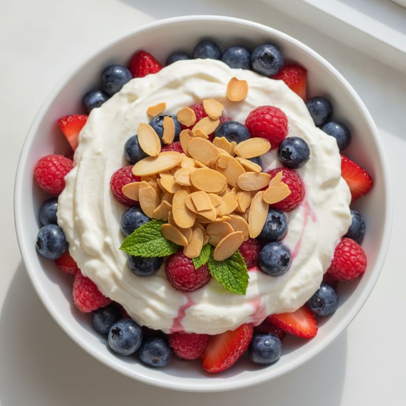Greek Yogurt Protein Parfait with Mixed Berries and Almonds