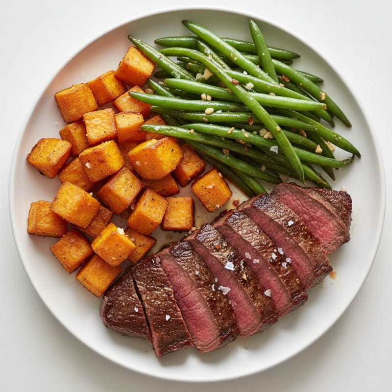 Seared Steak with Garlic Green Beans and Roasted Sweet Potato
