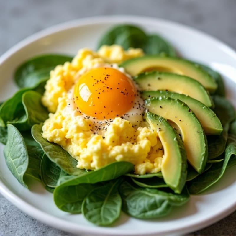 Fluffy Scrambled Eggs with Fresh Spinach and Creamy Avocado