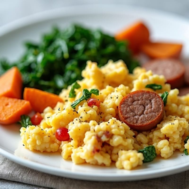 Egg White and Turkey Sausage Scramble with Sautéed Spinach and Sweet Potato