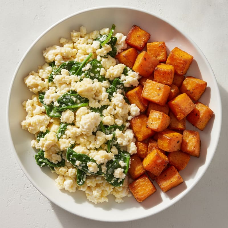 Cottage Cheese Scramble with Spinach and Roasted Sweet Potato