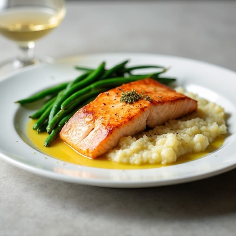 Seared Salmon with Garlic Green Beans and Cauliflower Mash