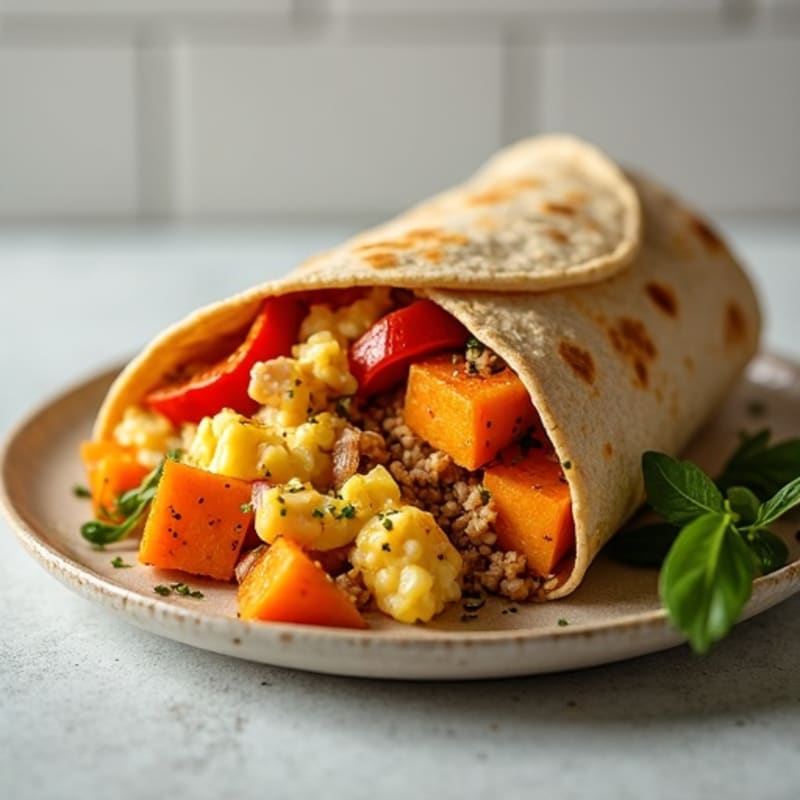 Savory Scrambled Egg and Lean Turkey Breakfast Burrito with Crispy Sweet Potatoes