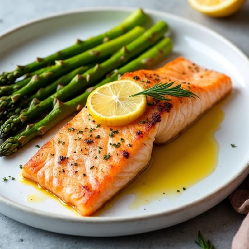 Crispy Pan-Seared Salmon with Roasted Asparagus and Lemon