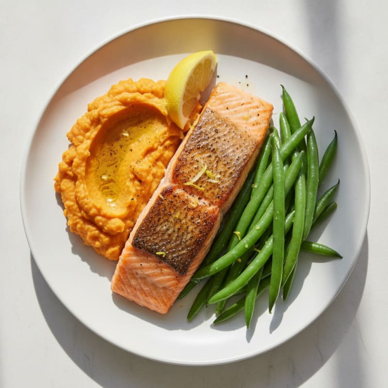 Seared Salmon with Steamed Green Beans and Sweet Potato Mash