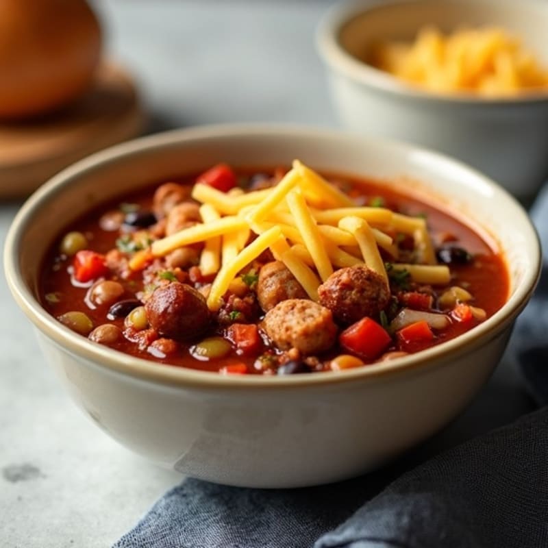 Lean Chicken Sausage with Hearty Beef & Bean Chili and Melted Sharp Cheddar