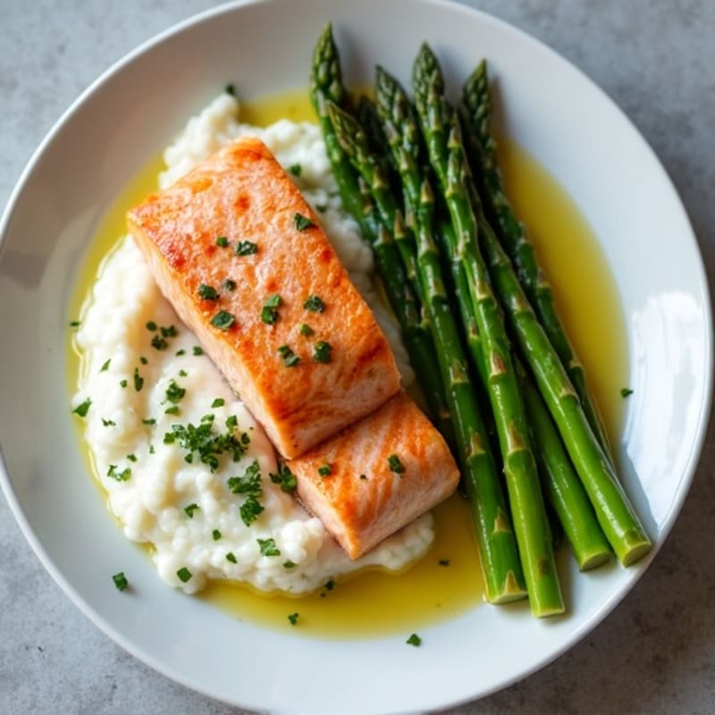 Seared Salmon with Steamed Asparagus and Cauliflower Mash