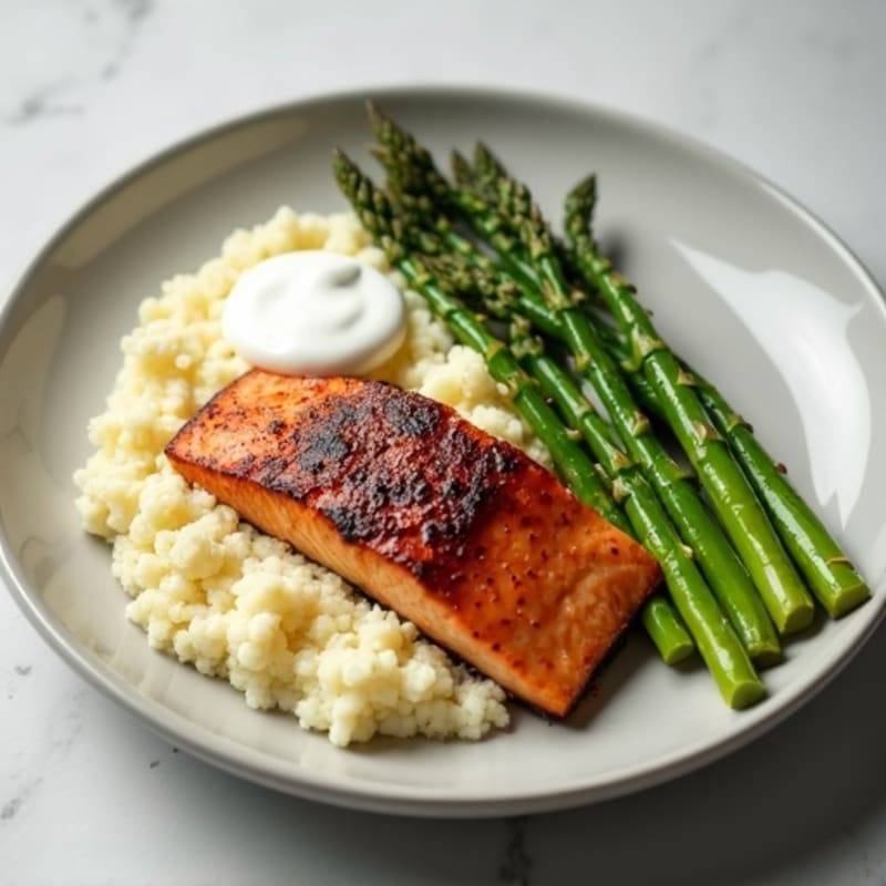 Seared Salmon with Steamed Asparagus and Garlic Mashed Cauliflower