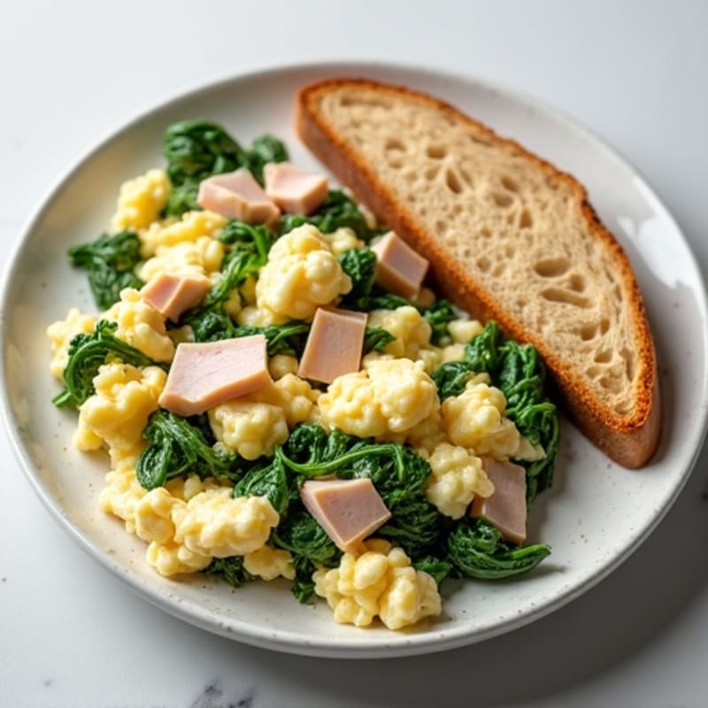Egg White Spinach Scramble with Cottage Cheese and Sliced Turkey