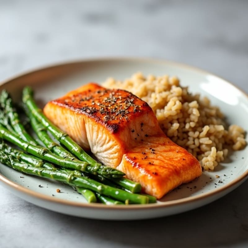 Seared Salmon with Steamed Asparagus and Brown Rice