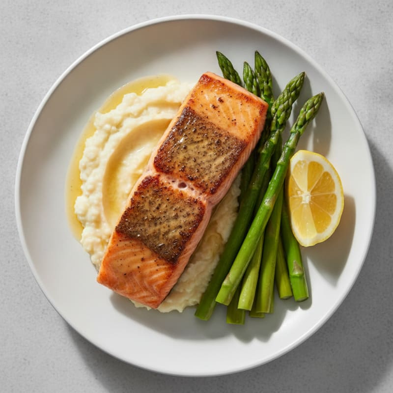Seared Salmon Fillet with Steamed Asparagus and Cauliflower Mash