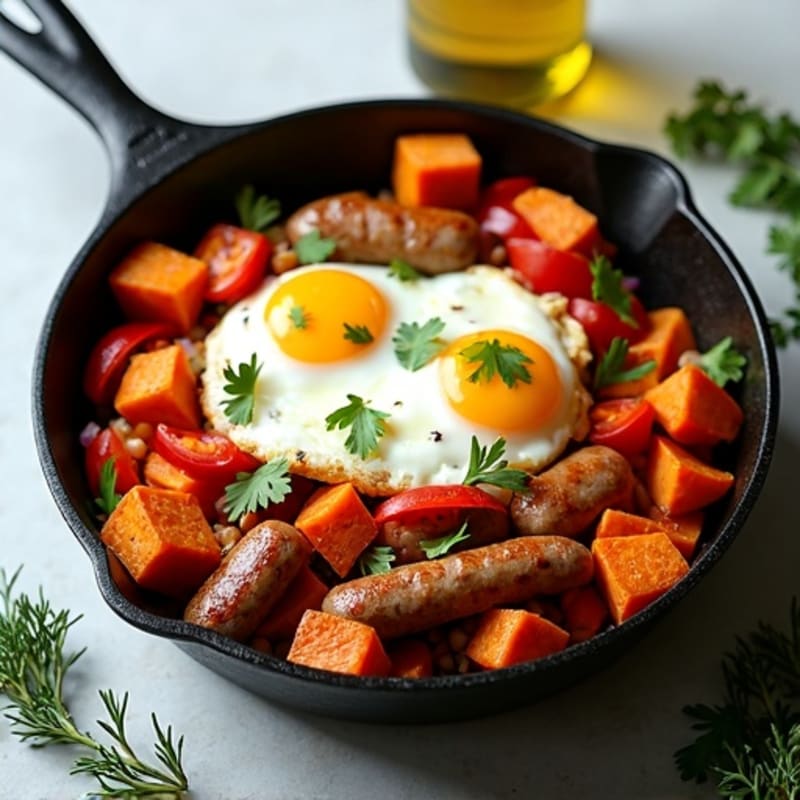Crispy Sweet Potato and Turkey Sausage Breakfast Skillet with Fresh Herbs