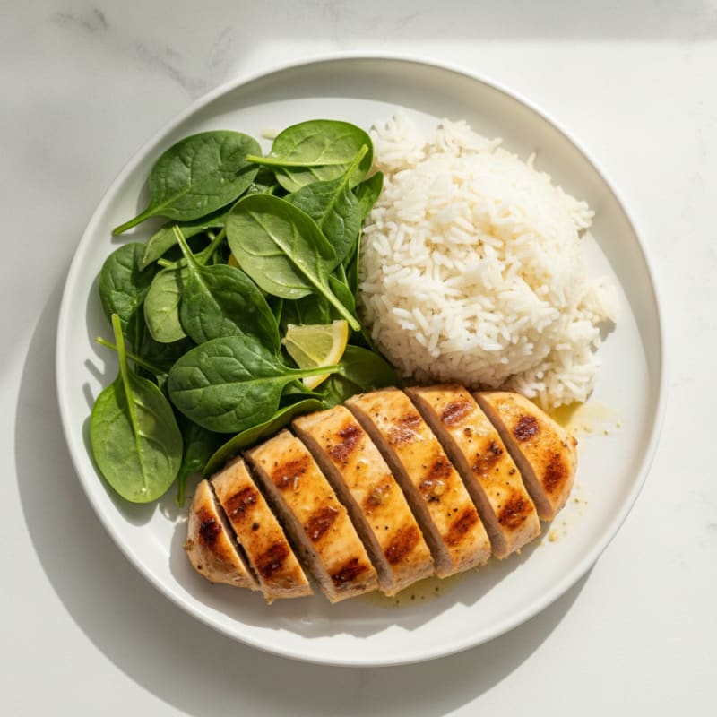 Grilled Chicken Breast with Steamed Rice and Fresh Greens
