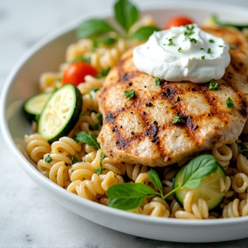 Grilled Chicken and Zucchini Pasta Salad with Tzatziki