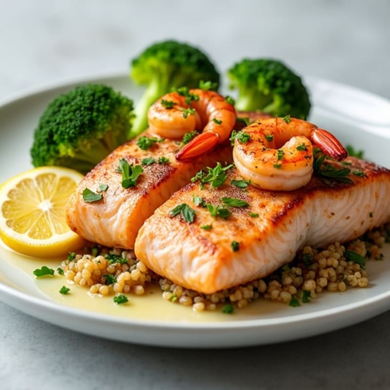Seared Salmon Fillet with Steamed Broccoli, Lemon Herb Quinoa & Shrimp Garnish