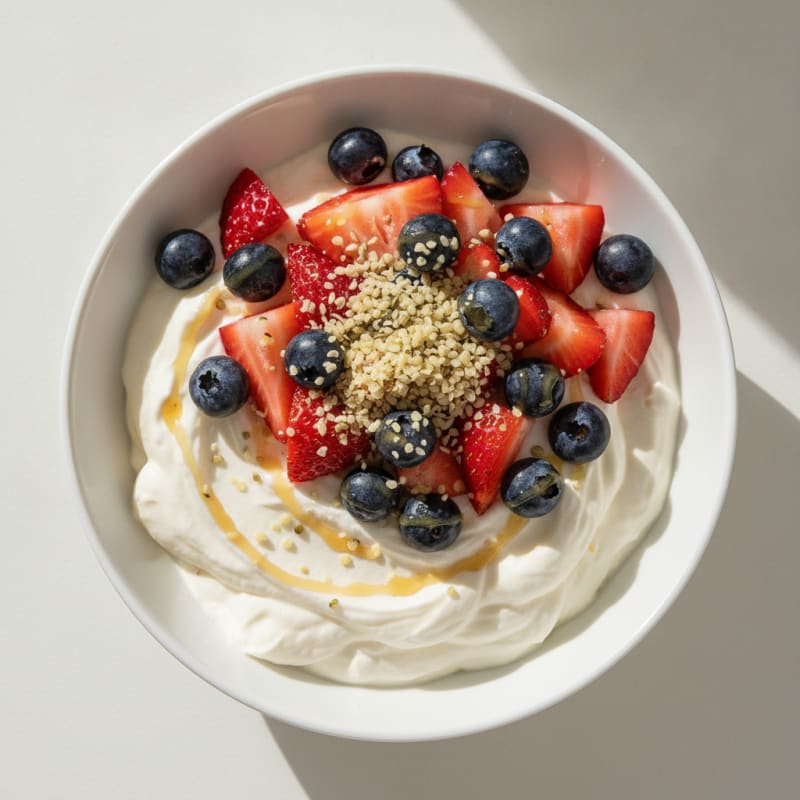 Silky Vanilla Greek Yogurt Bowl with Protein Powder and Fresh Berries