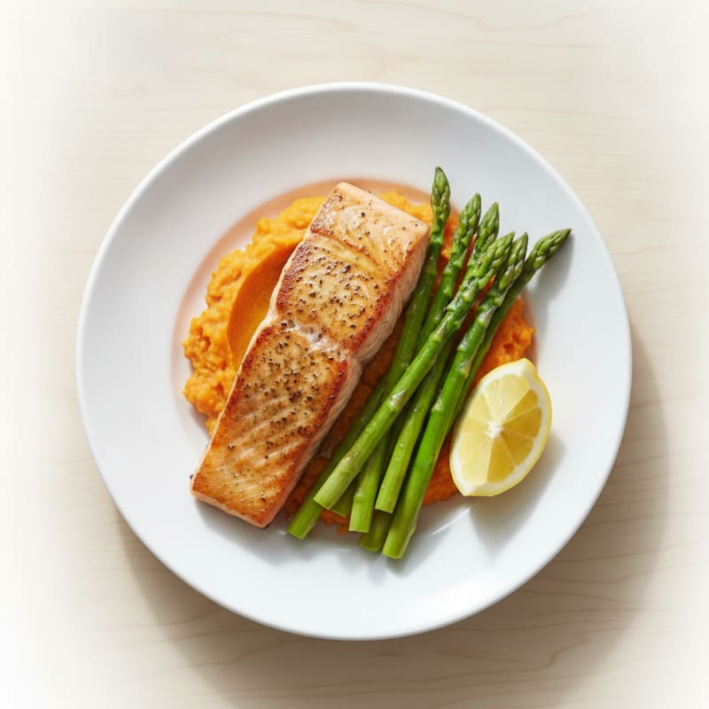Seared Salmon with Steamed Asparagus and Sweet Potato Mash