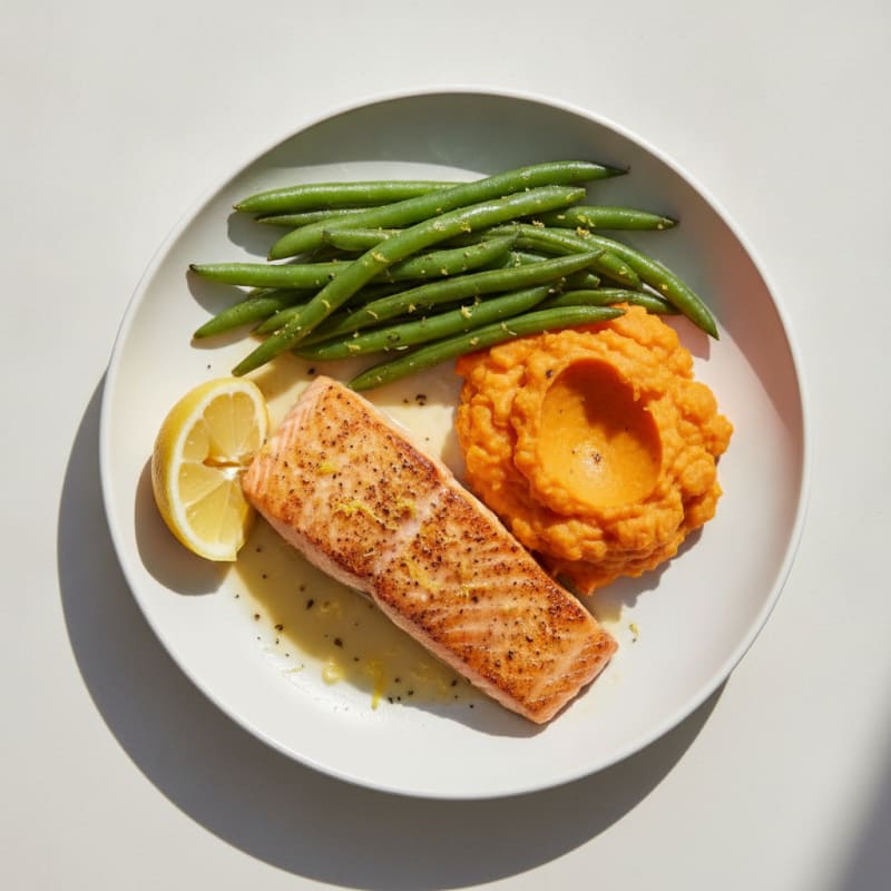 Seared Salmon Fillet with Steamed Green Beans and Sweet Potato Mash