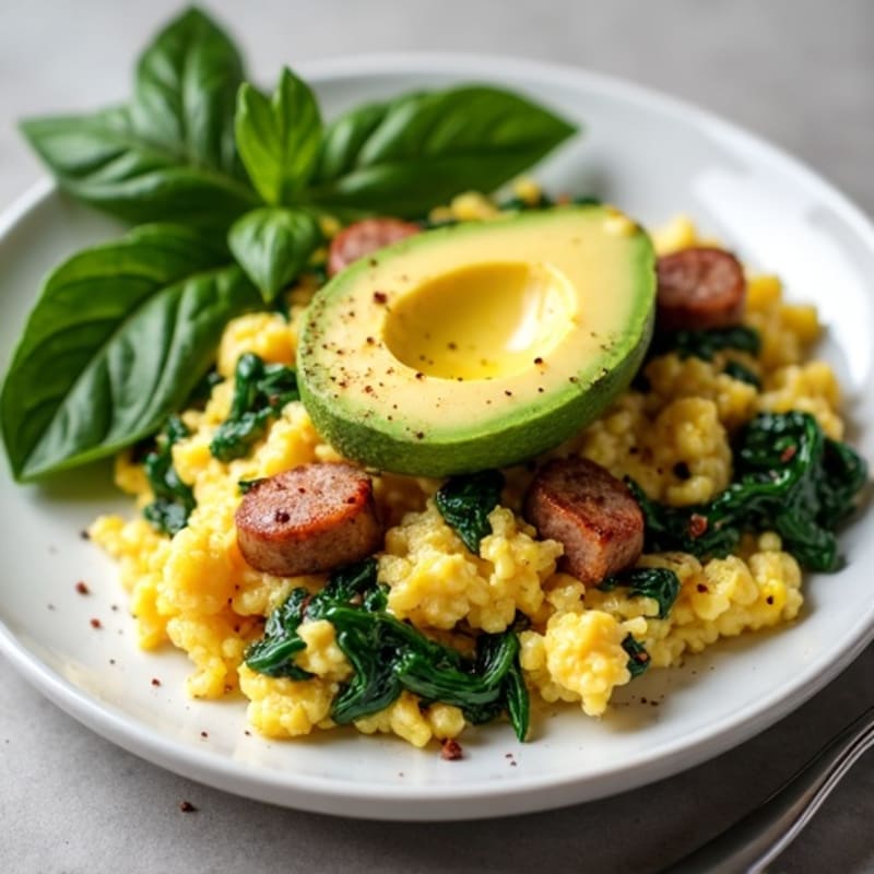 Egg White Scramble with Turkey Sausage and Sautéed Spinach