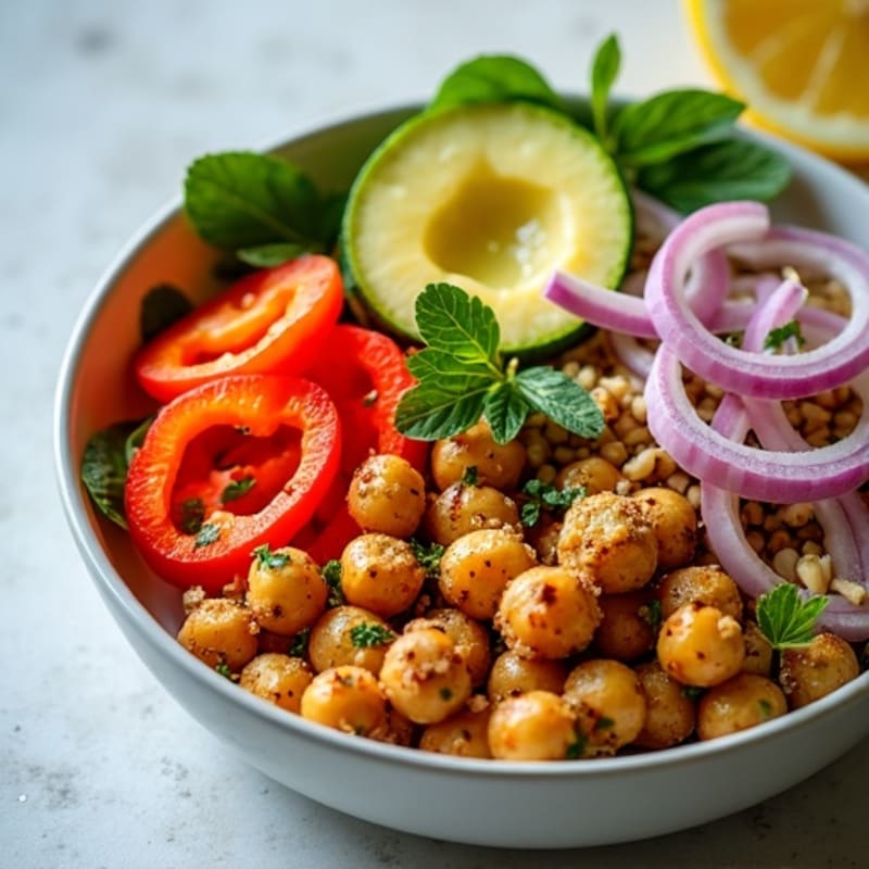 Crispy Herb-Roasted Chickpea and Vegetable Power Bowl with Creamy Lemon Tahini Dressing