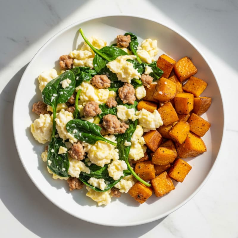 Egg White and Turkey Sausage Scramble with Spinach and Roasted Sweet Potato