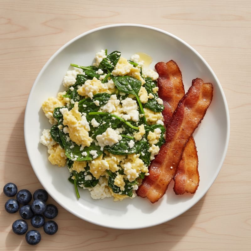 Cottage Cheese Scramble with Spinach and Turkey Bacon