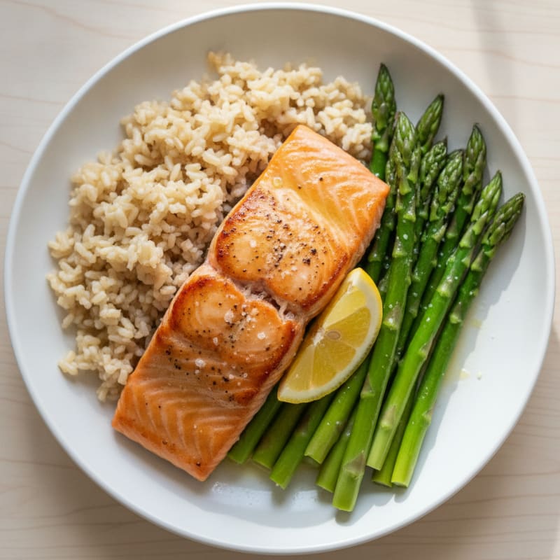 Seared Salmon with Steamed Asparagus and Brown Rice
