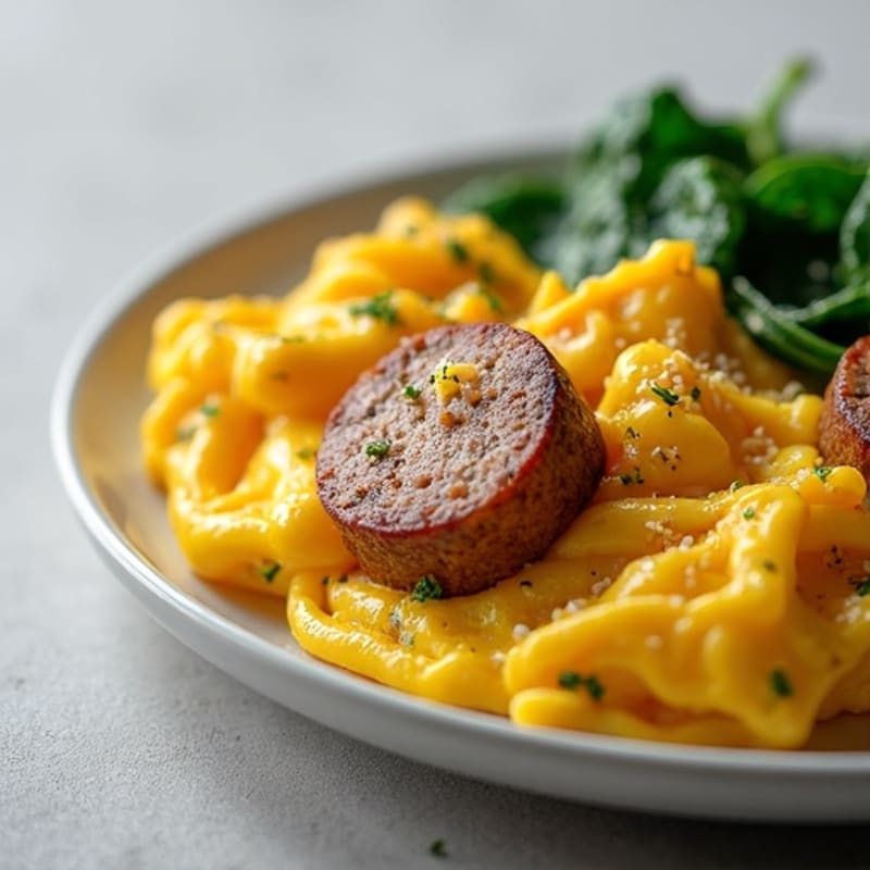 Scrambled Eggs with Turkey Sausage and Sautéed Spinach