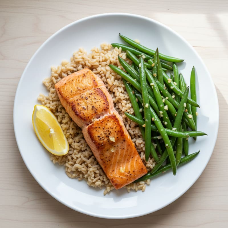 Seared Salmon Filet with Garlic Green Beans and Brown Rice