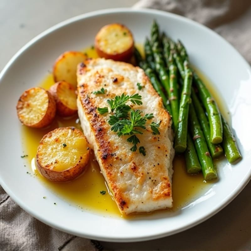 Lemon-Herb Pan-Seared Hake with Crispy Roasted Potatoes and Fresh Asparagus