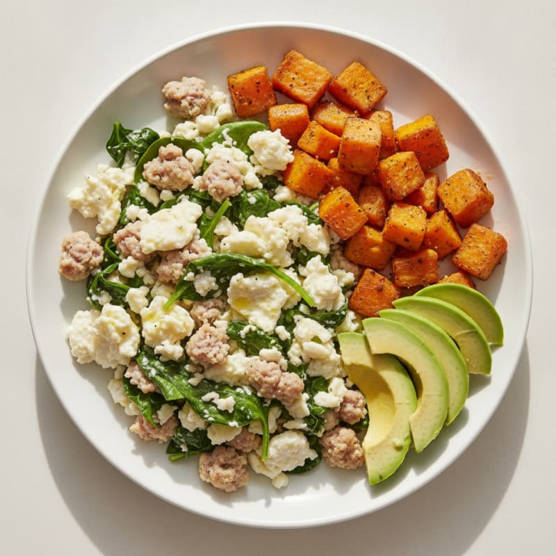 Egg White and Turkey Sausage Scramble with Sautéed Spinach