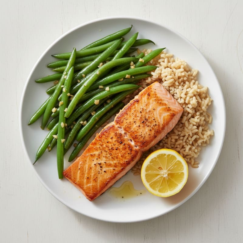 Seared Salmon with Garlic Green Beans and Brown Rice