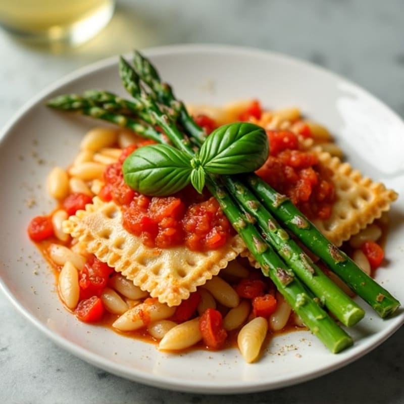 Fresh Tomato Basil Spinach Ravioli with Crispy Asparagus